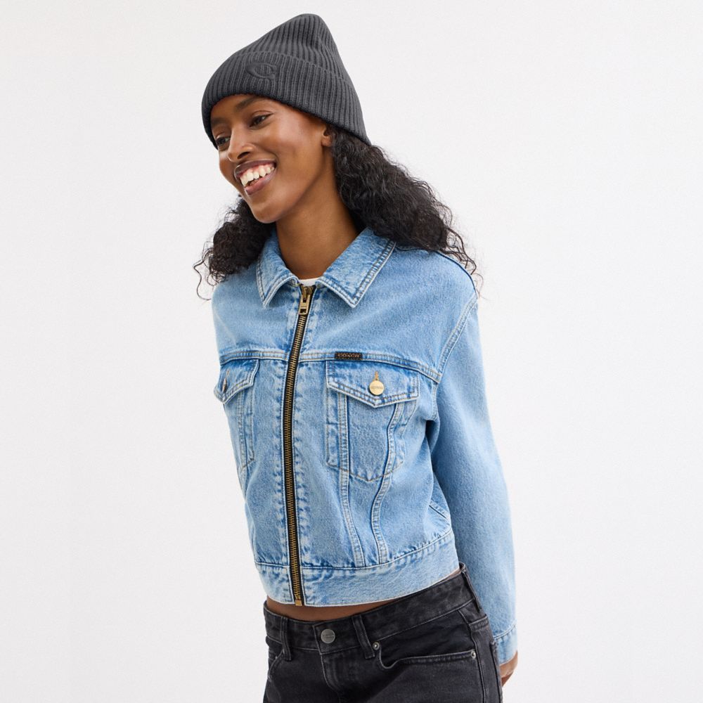 COACH®,Knit Beanie,Wool,Beanie,Embroidered,Logo,Casual,Gray,Detail View