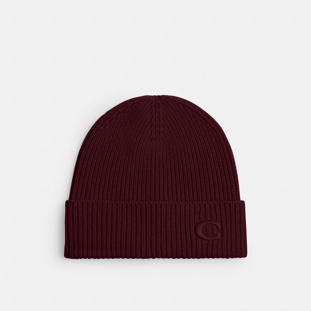 COACH®,Knit Beanie,Wool,Beanie,Logo,Embroidered,Casual,Maroon,Front View