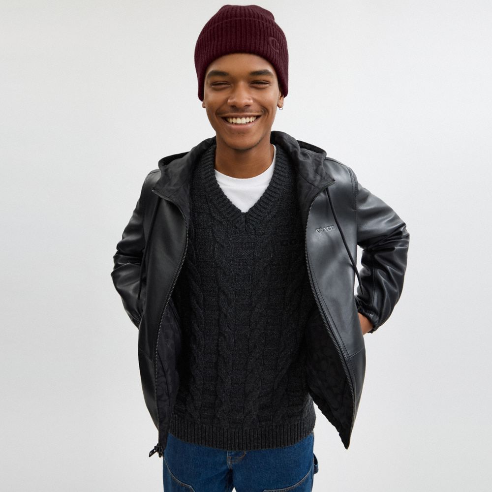 COACH®,Knit Beanie,Wool,Beanie,Embroidered,Logo,Casual,Maroon,Angle View