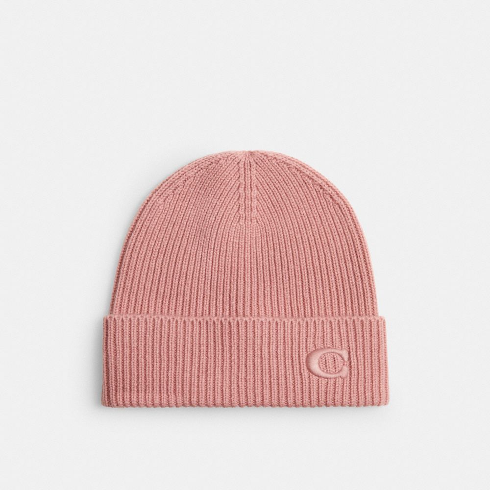 COACH®,Knit Beanie,Wool,Beanie,Logo,Embroidered,Casual,Pink,Front View