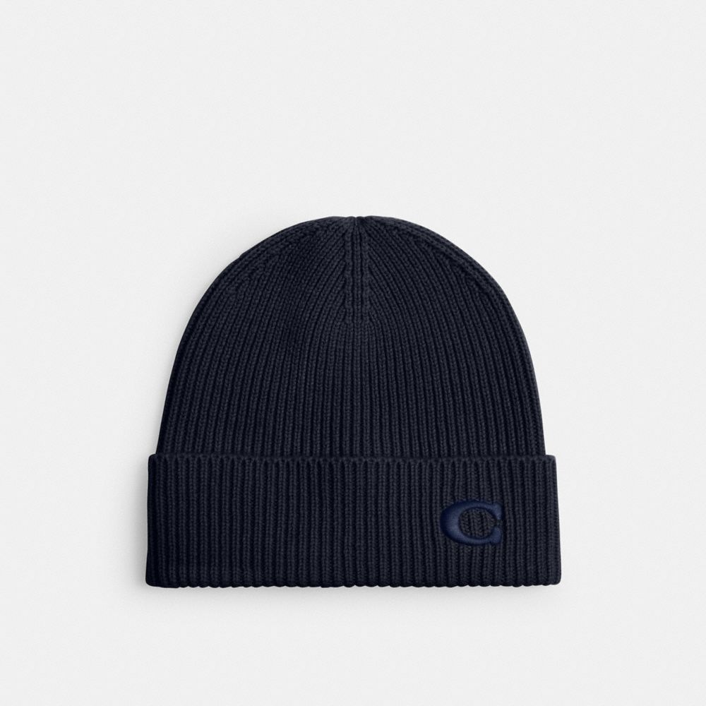 COACH®,Knit Beanie,Wool,Beanie,Logo,Embroidered,Casual,Navy,Front View