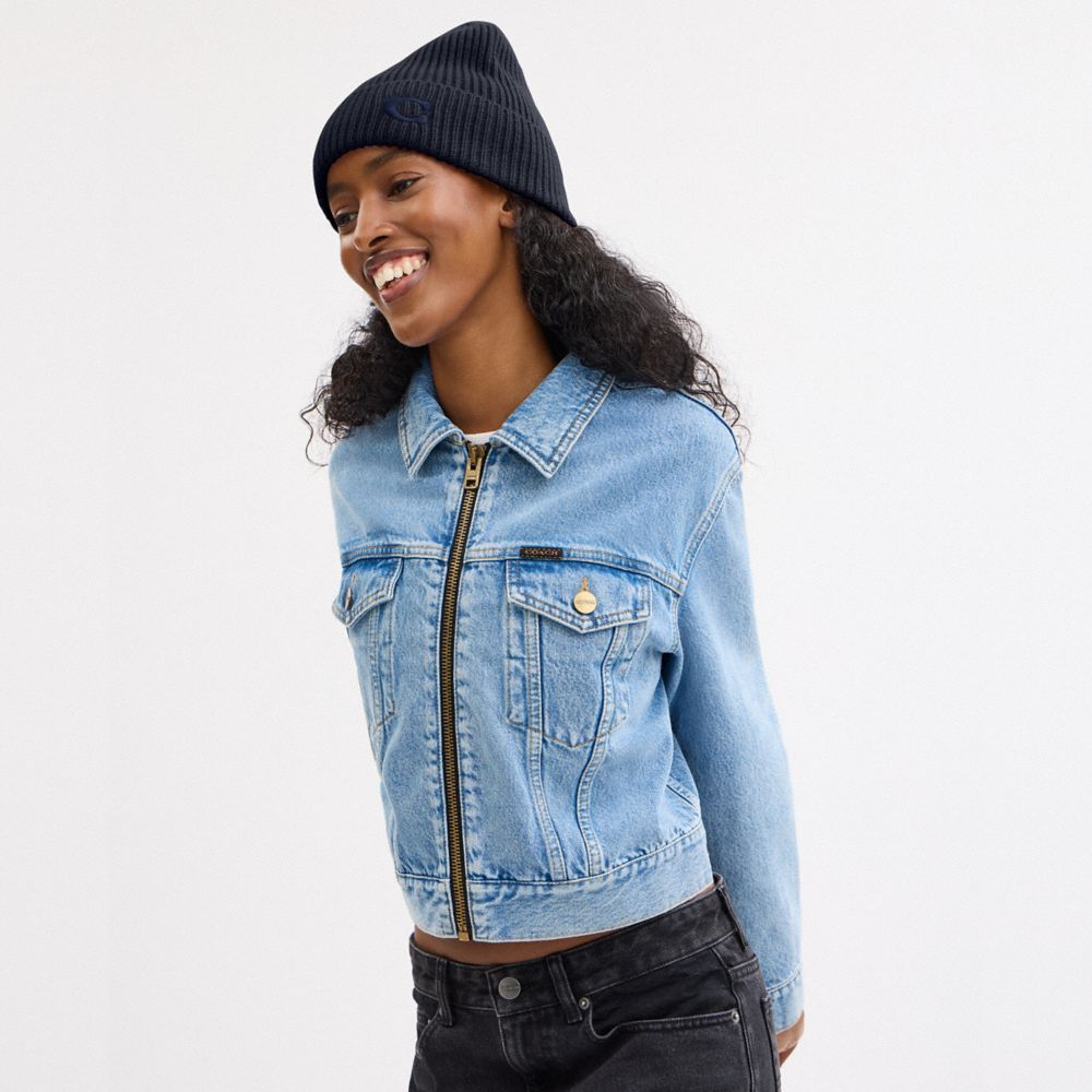 COACH®,Knit Beanie,Wool,Beanie,Embroidered,Logo,Casual,Navy,Detail View
