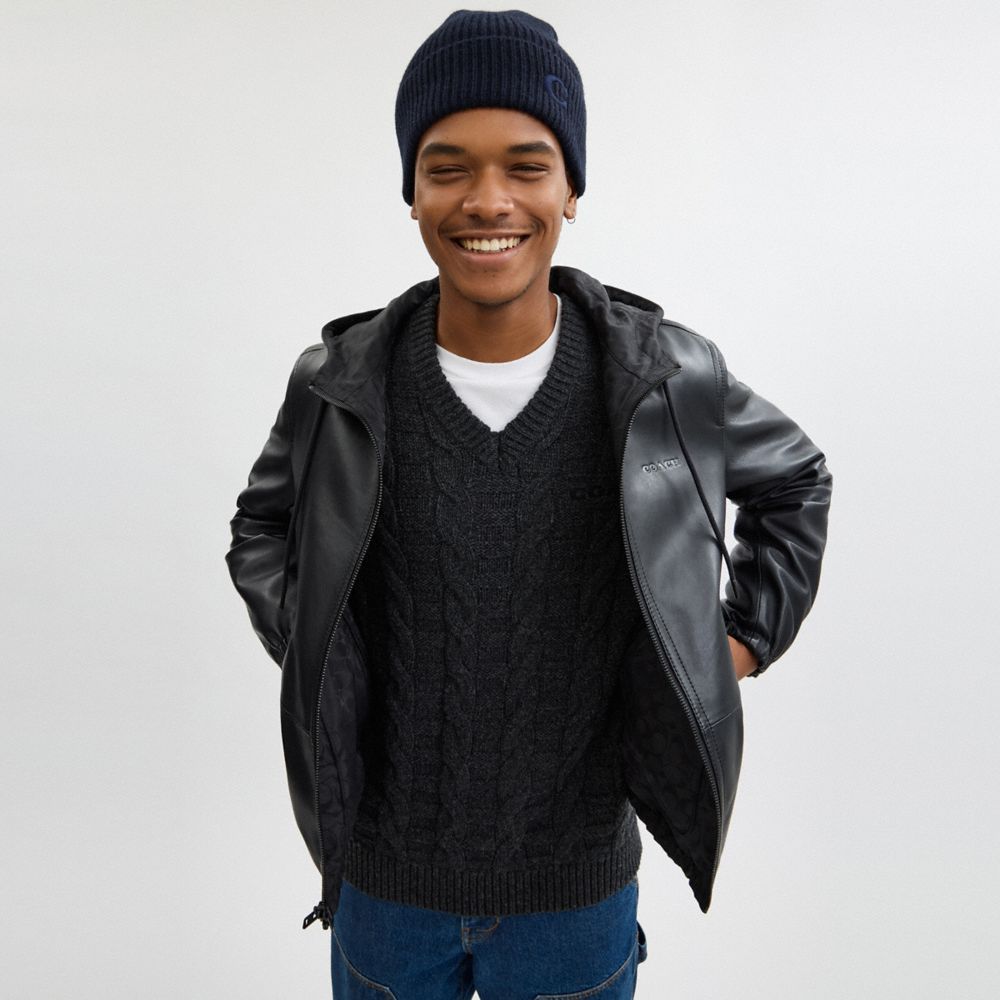 COACH®,Knit Beanie,Wool,Beanie,Embroidered,Logo,Casual,Navy,Angle View