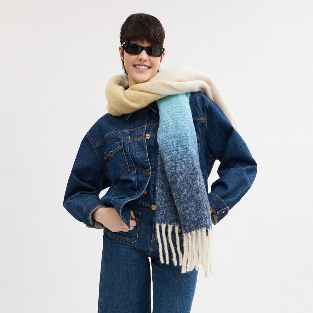COACH®,Ombre Muffler With Leather Patch,Alpaca,Polyamide,Rectangle,Fringe,Casual,Multi Color,Detail View