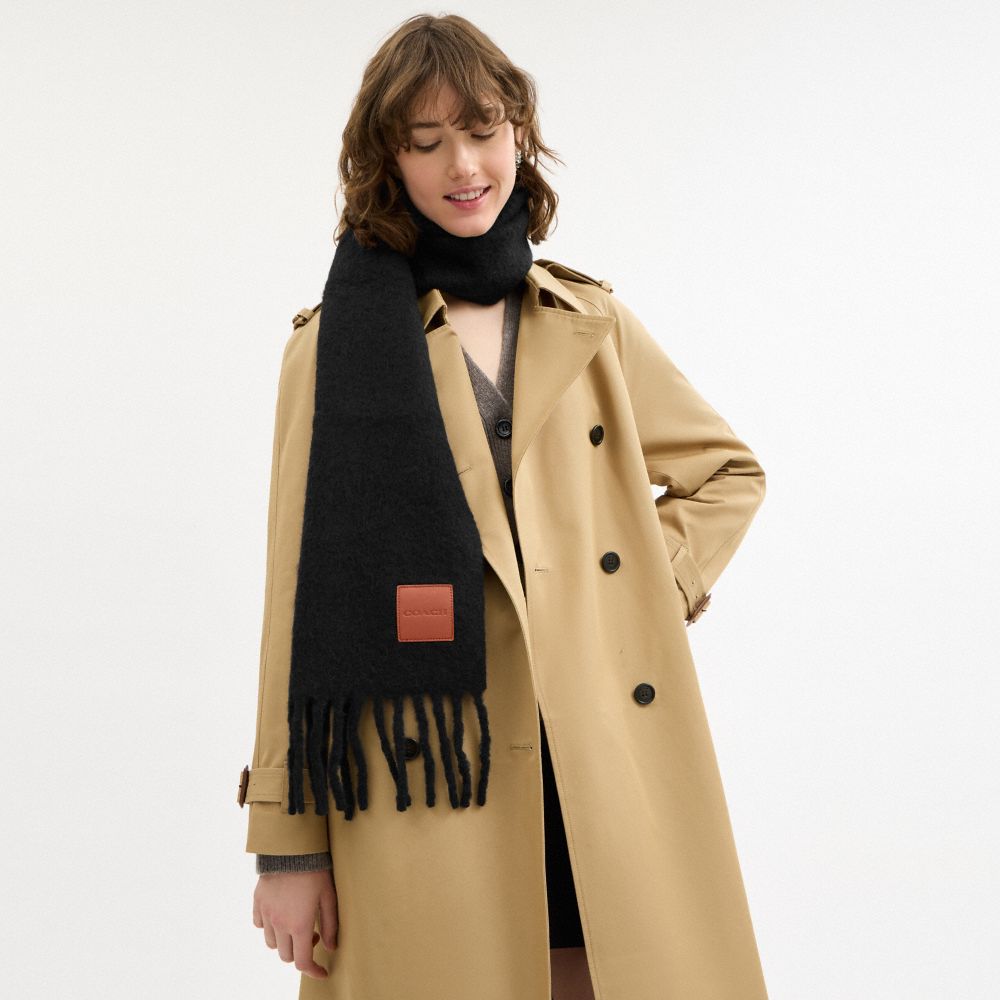 COACH®,Oversized Muffler With Leather Patch,Alpaca,Rectangle,Fringe,Applique,Logo,Casual,Black,Detail View