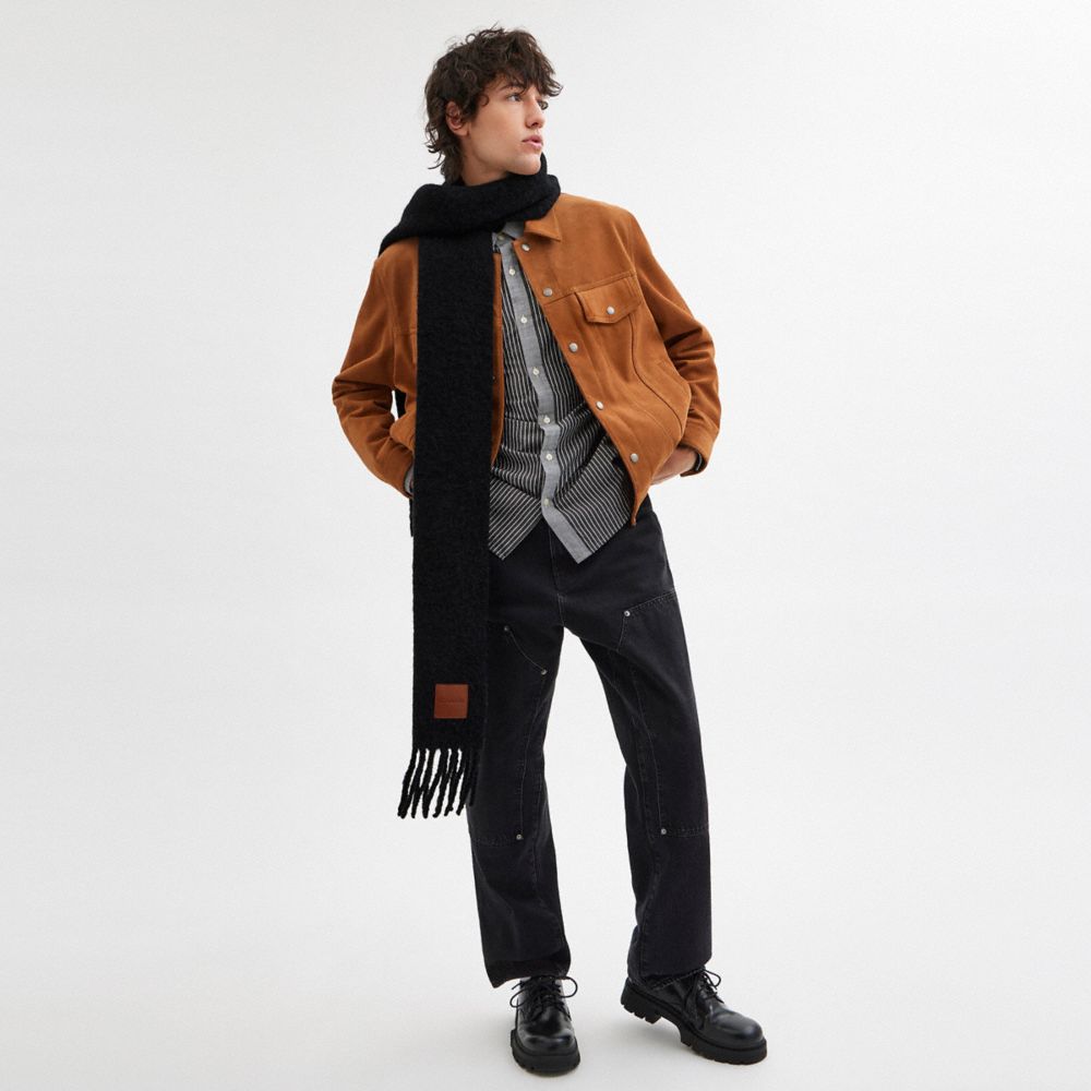 COACH®,Oversized Muffler With Leather Patch,Alpaca,Rectangle,Fringe,Applique,Logo,Casual,Black,Angle View