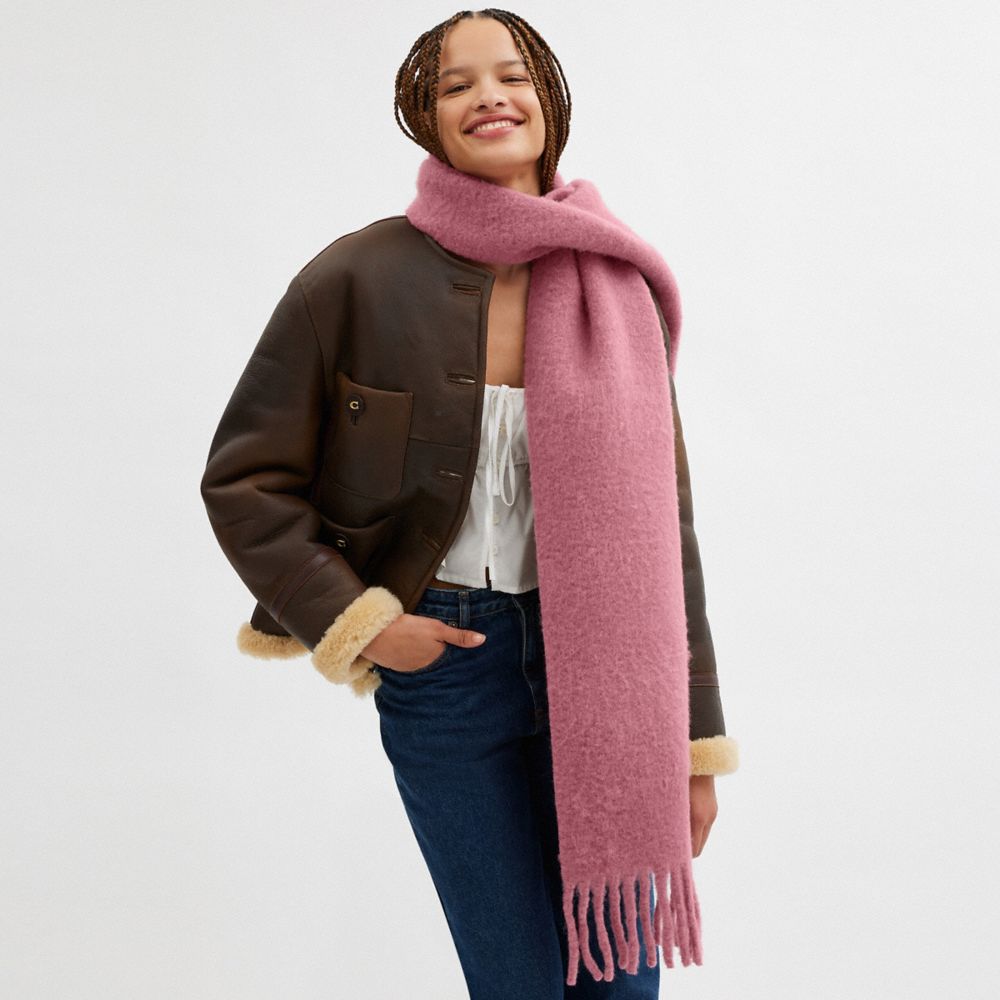 COACH®,Oversized Muffler With Leather Patch,Alpaca,Rectangle,Applique,Logo,Fringe,Casual,Fuchsia,Detail View