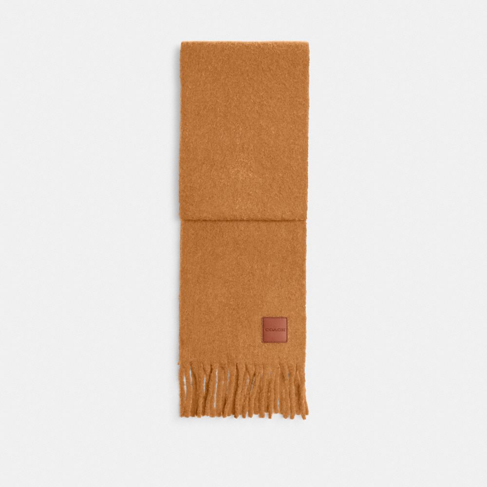 COACH®,Oversized Muffler With Leather Patch,Alpaca,Rectangle,Fringe,Applique,Logo,Casual,Brown