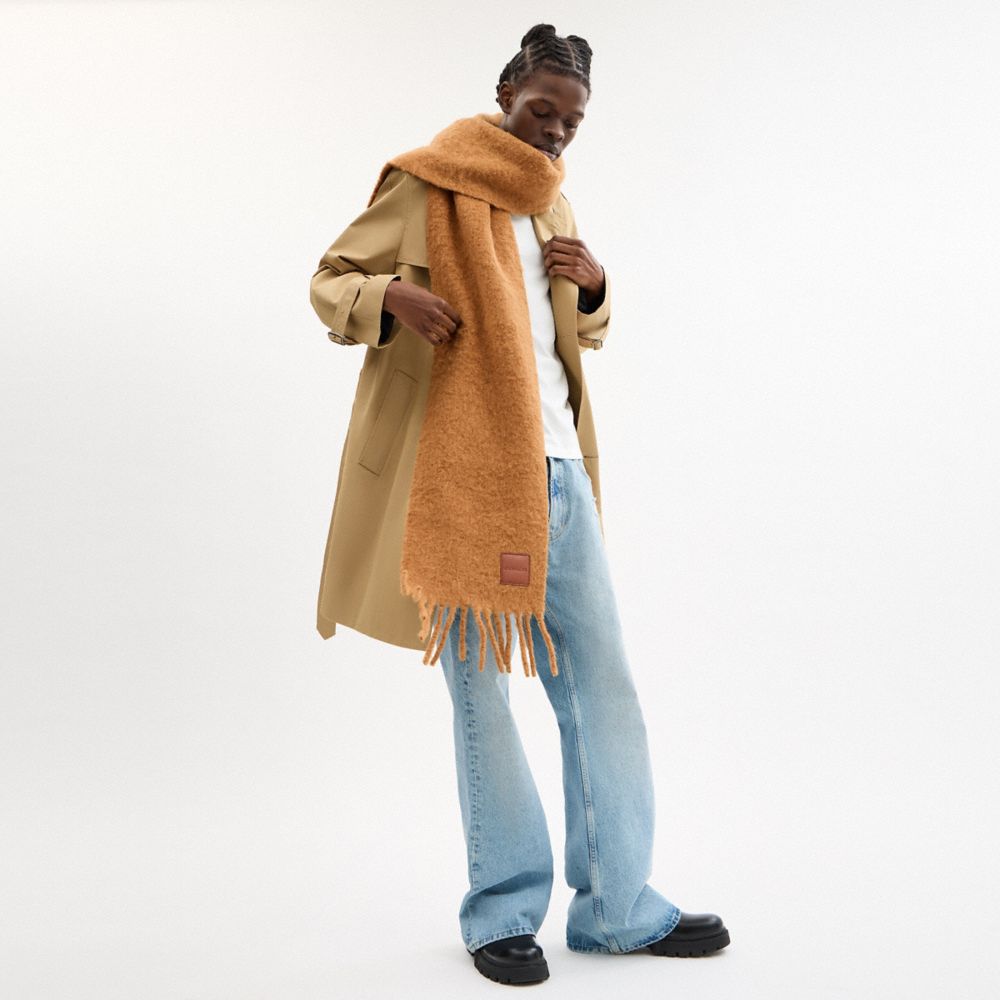 COACH®,Oversized Muffler With Leather Patch,Alpaca,Rectangle,Fringe,Applique,Logo,Casual,Brown,Detail View