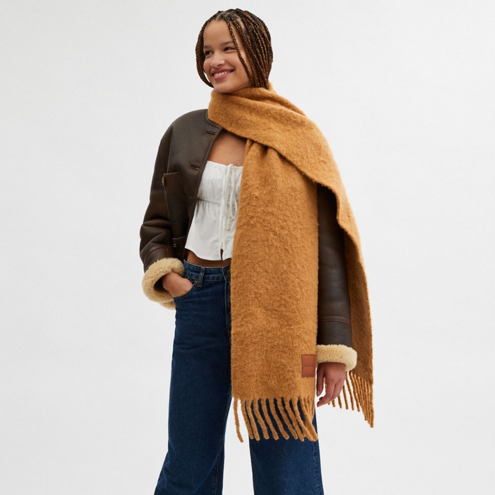 COACH®,Oversized Muffler With Leather Patch,Alpaca,Rectangle,Fringe,Applique,Logo,Casual,Brown,Angle View