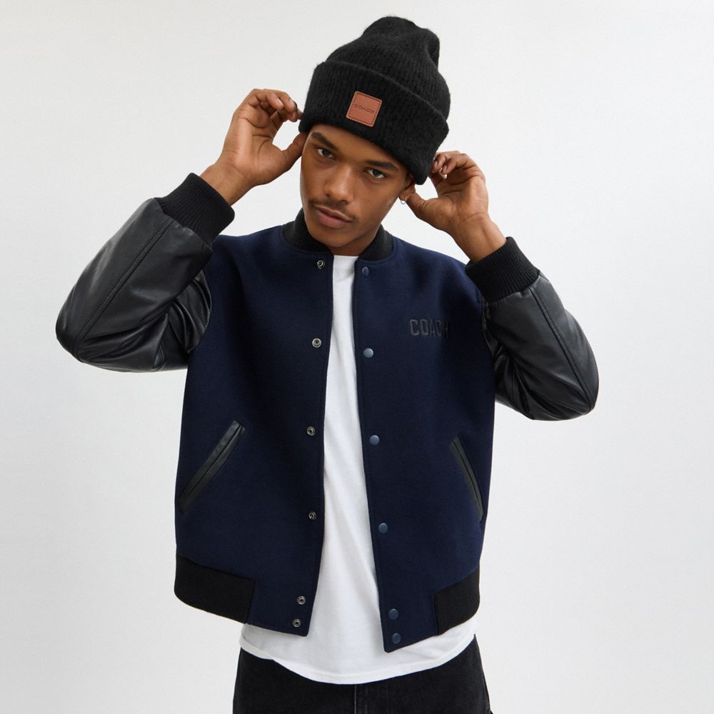 COACH®,Knit Beanie With Leather Patch,Wool Blend,Beanie,Logo,Lined,Casual,Black,Angle View