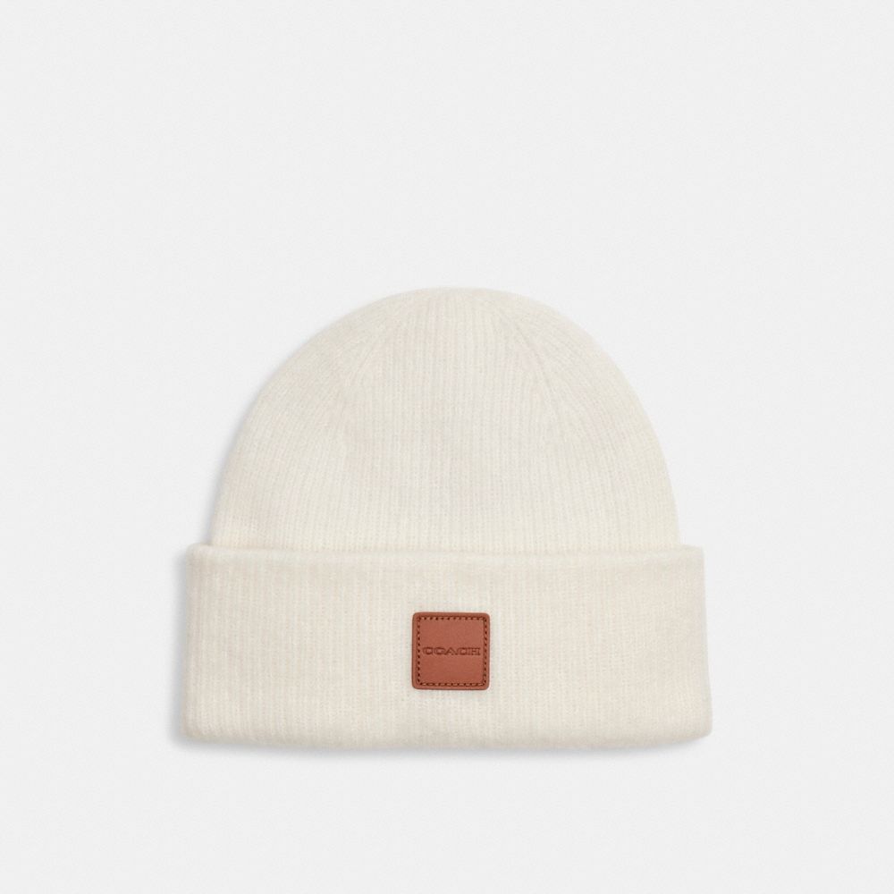COACH®,Knit Beanie With Leather Patch,Wool Blend,Beanie,Logo,Lined,Casual,Cream