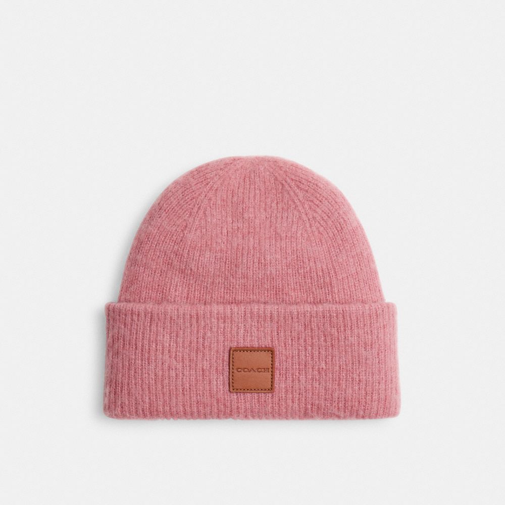 COACH®,Knit Beanie With Leather Patch,Wool Blend,Beanie,Logo,Lined,Casual,Pink