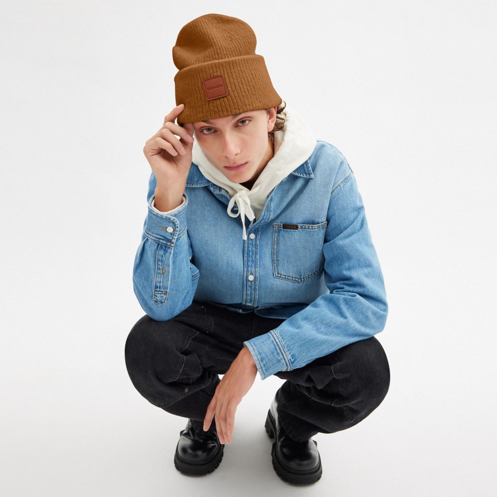 COACH®,Knit Beanie With Leather Patch,Wool Blend,Beanie,Logo,Lined,Casual,Brown,Angle View
