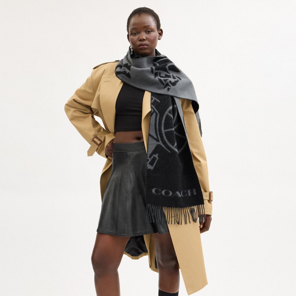 COACH®,Horse And Carriage Cashmere Muffler,Cashmere,Rectangle,Fringe,Casual,Black,Detail View