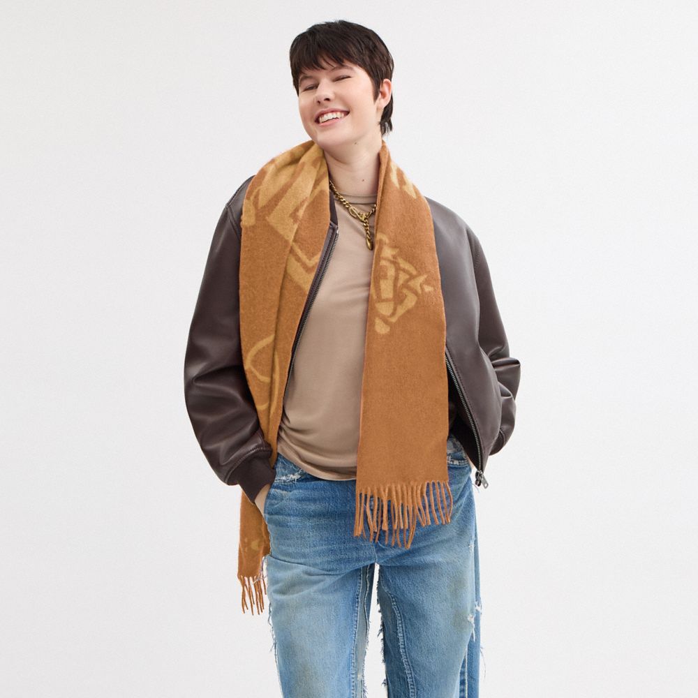 COACH®,Horse And Carriage Cashmere Muffler,Cashmere,Rectangle,Fringe,Casual,Brown,Detail View