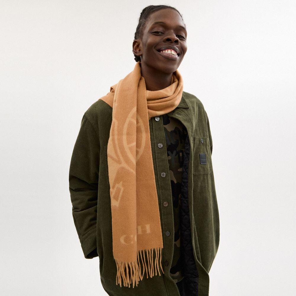 COACH®,Horse And Carriage Cashmere Muffler,Cashmere,Rectangle,Fringe,Casual,Brown,Angle View