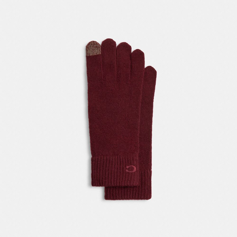 COACH®,Knit Tech Gloves,Wool,Classic Gloves,Embroidered,Logo,Tech Touch,Casual,Maroon