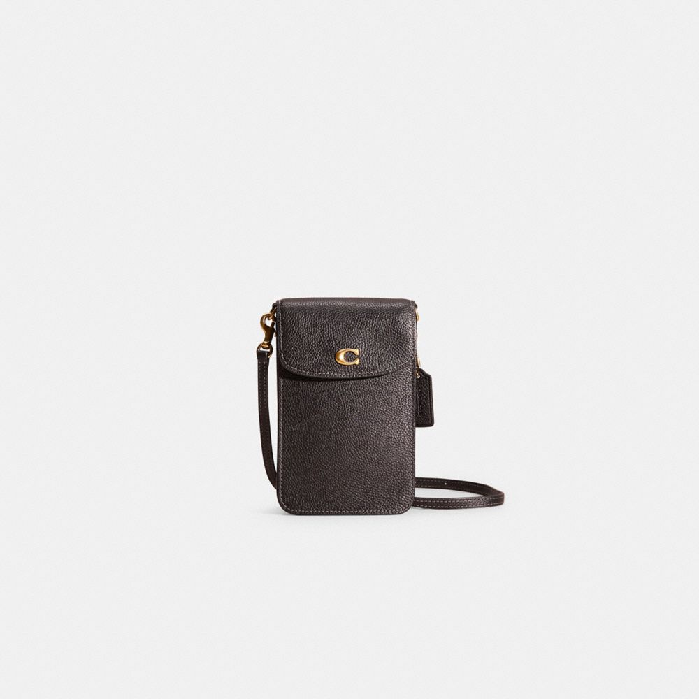 COACH®,Restored Phone Crossbody,Leather,Mobile Bag,Logo,Metal,Gold Metal,Casual,Black,Front View