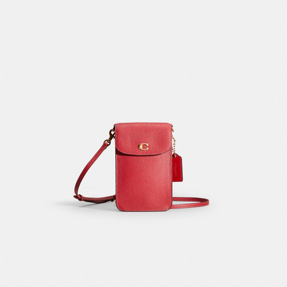 COACH®,Restored Phone Crossbody,Leather,Mobile Bag,Logo,Metal,Gold Metal,Casual,Red,Front View