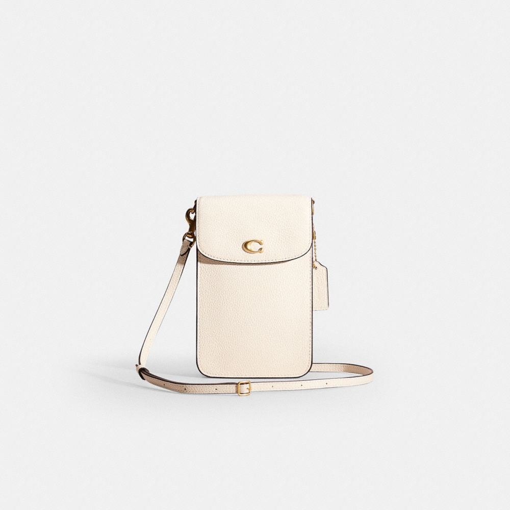 COACH®,Restored Phone Crossbody,Leather,Mobile Bag,Logo,Metal,Gold Metal,Casual,Cream,Front View