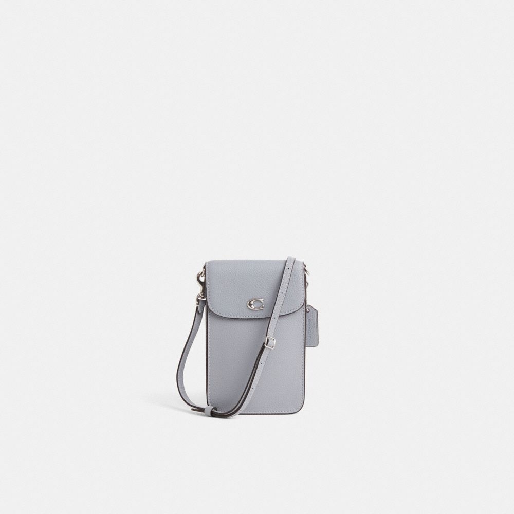 COACH®,Restored Phone Crossbody,Leather,Mobile Bag,Logo,Metal,Gold Metal,Casual,Gray,Front View