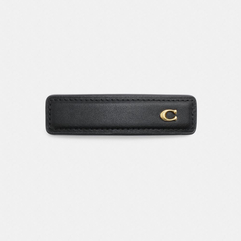 COACH®,Signature Leather Barrette,Leather,Barrette,Resin,Logo,Metal,Brass Gold,Casual,Black,Front View