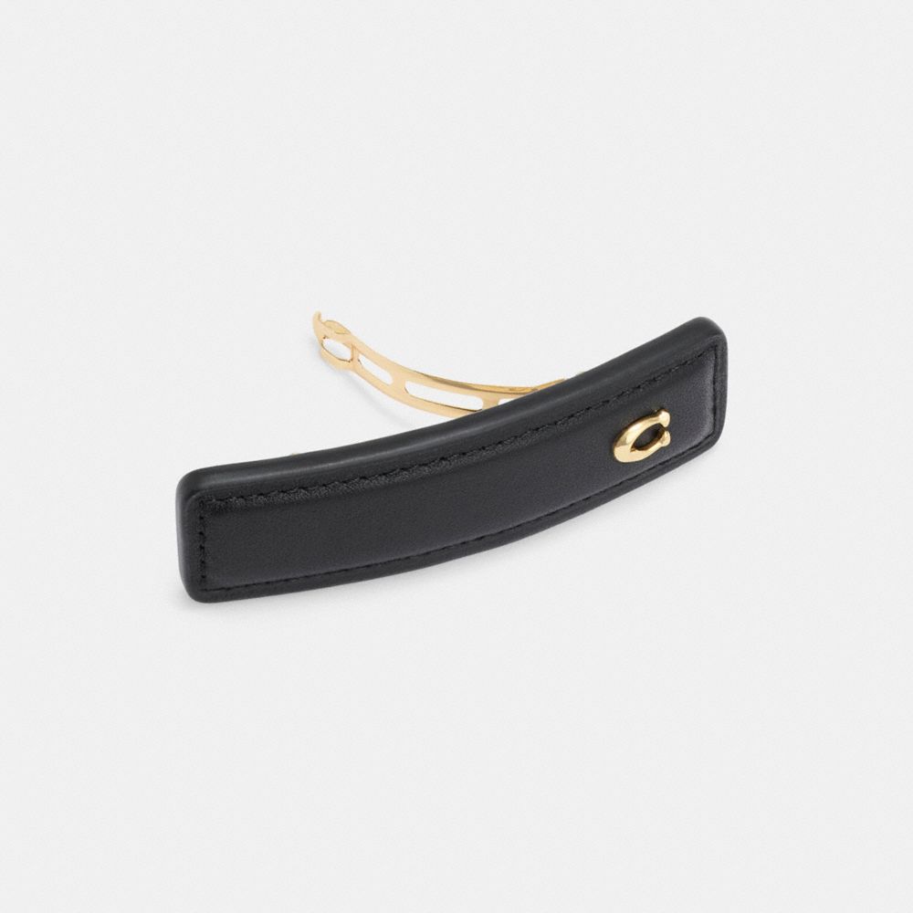 COACH®,Signature Leather Barrette,Leather,Barrette,Resin,Logo,Metal,Brass Gold,Casual,Black,Inside View,Top View