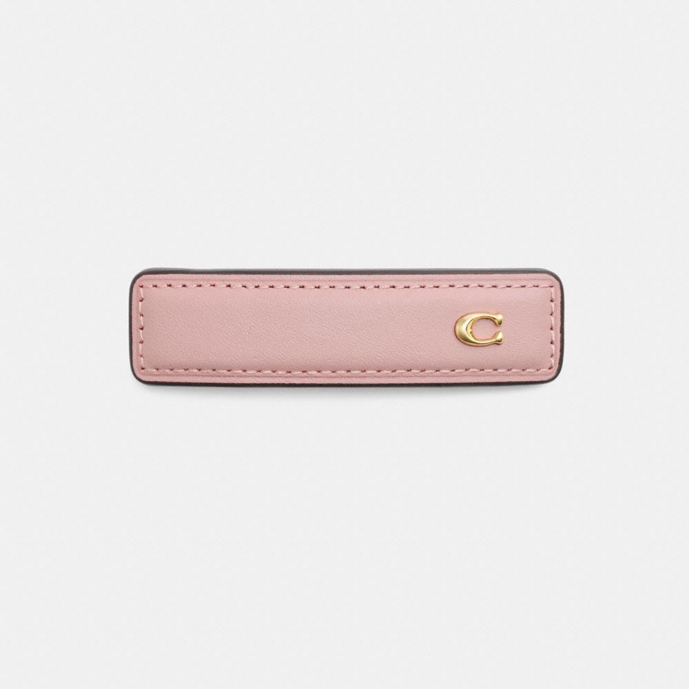 COACH®,Signature Leather Barrette,Leather,Barrette,Resin,Logo,Metal,Brass Gold,Casual,Blush,Front View