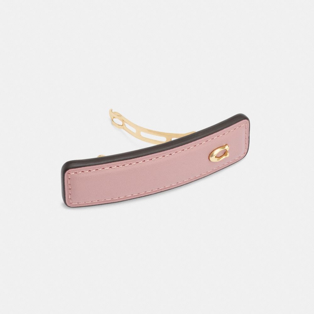 COACH®,Signature Leather Barrette,Leather,Barrette,Resin,Logo,Metal,Brass Gold,Casual,Blush,Inside View,Top View