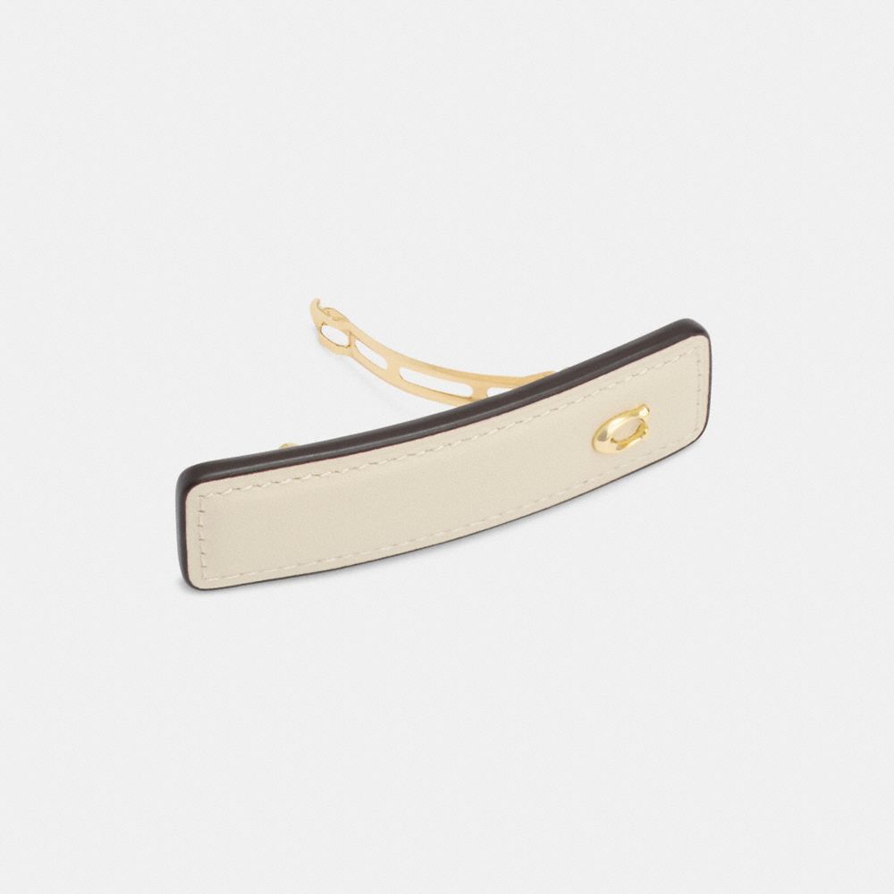 COACH®,Signature Leather Barrette,Leather,Barrette,Resin,Logo,Metal,Brass Gold,Casual,Cream,Inside View,Top View