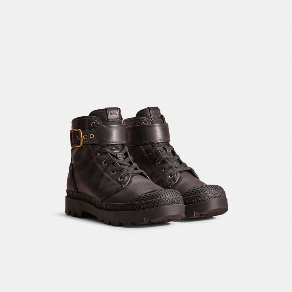 COACH®,Restored Trooper Mid Top Boot,Leather,Rubber,Combat,Belt,Traction,Gold Metal,Outdoor,Black,Angle View