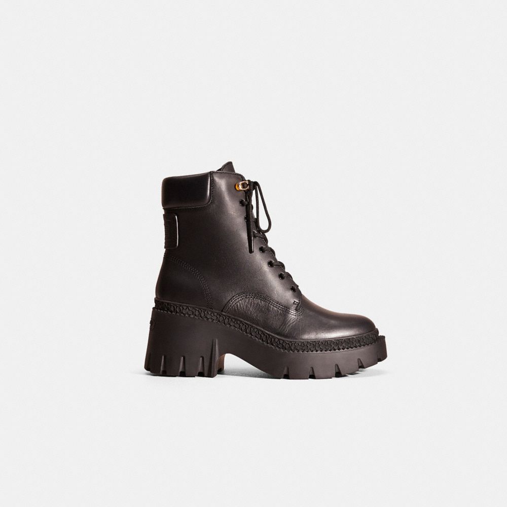COACH®,Restored Ainsely Bootie,Rubber,Combat,Foam,Embossed,Logo,Metal,Traction,Pull Tab,Day Party,Black,Front View
