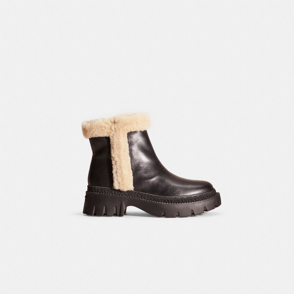 COACH®,Restored Jane Bootie,Leather,Rubber,Winter,Foam,Fur Embellishment,Color Block,Traction,Outdoor,Black,Front View