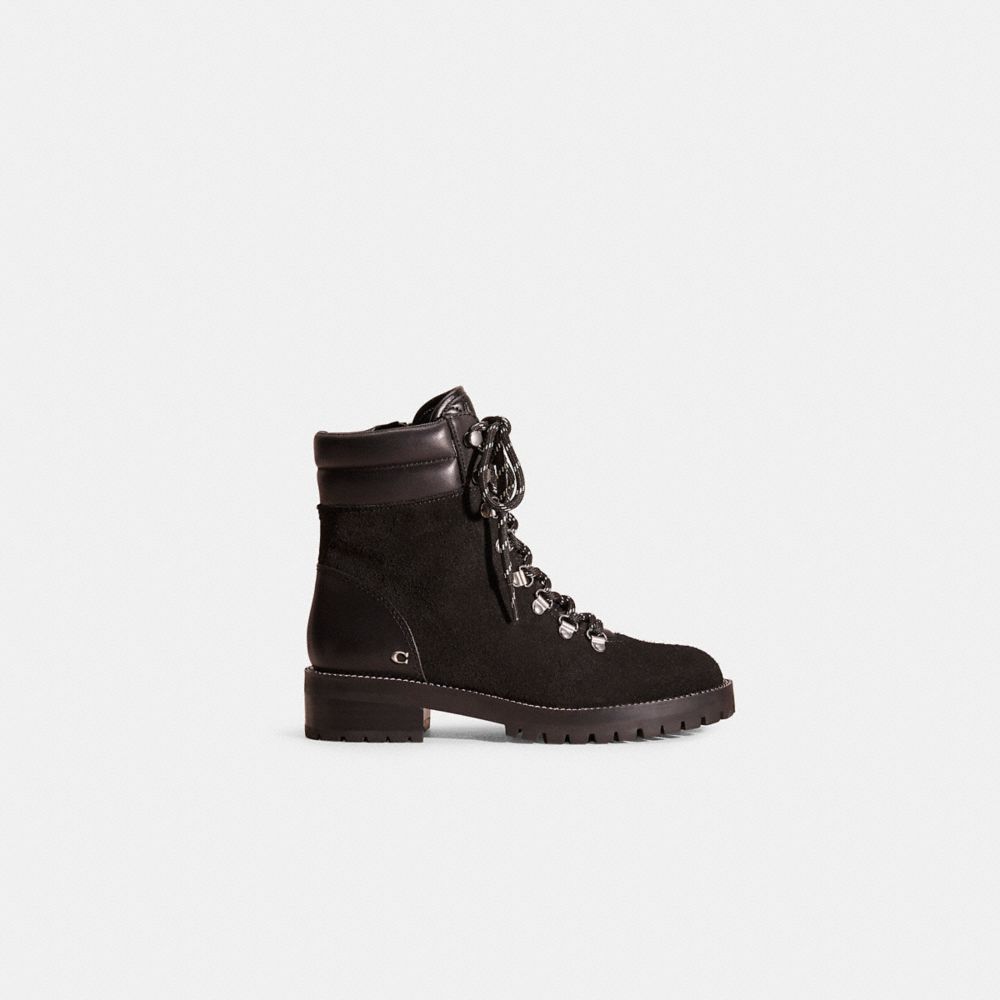 COACH®,Restored Lorren Bootie,Suede,Leather,Rubber,Combat,Logo,Metal,Quilted,Traction,Silver Metal,Casual,Black,Front View