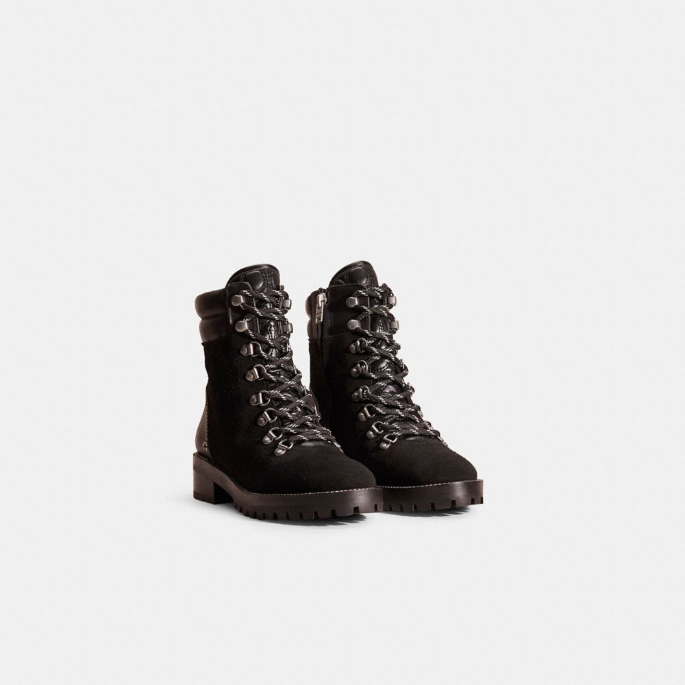 COACH®,Restored Lorren Bootie,Suede,Leather,Rubber,Combat,Logo,Metal,Quilted,Traction,Silver Metal,Casual,Black,Angle View