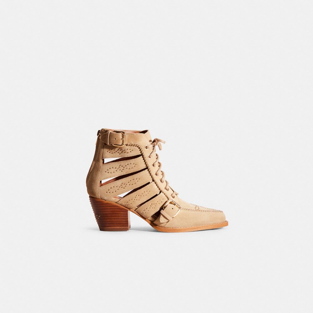 COACH®,Restored Paisley Bootie,Suede,Leather,Rubber,Bootie,Bead Embellishment,Caged,Studded,Gold Metal,Day Party,Beige,Front View