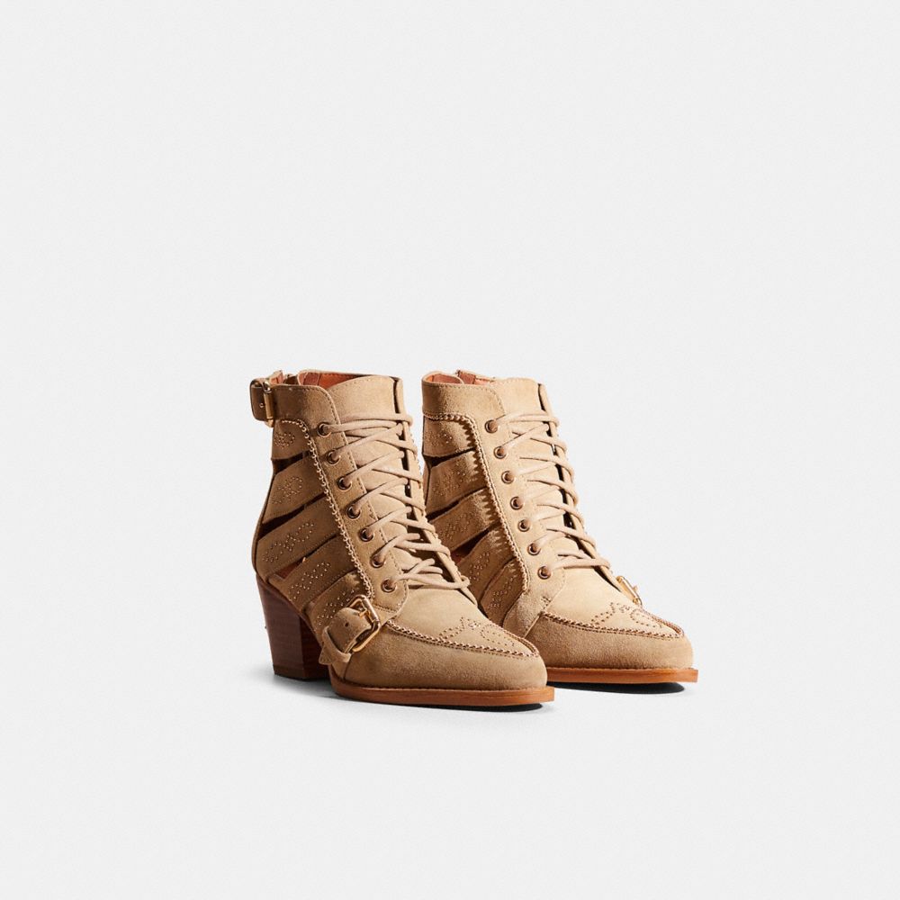 COACH®,Restored Paisley Bootie,Suede,Leather,Rubber,Bootie,Bead Embellishment,Caged,Studded,Gold Metal,Day Party,Beige,Angle View