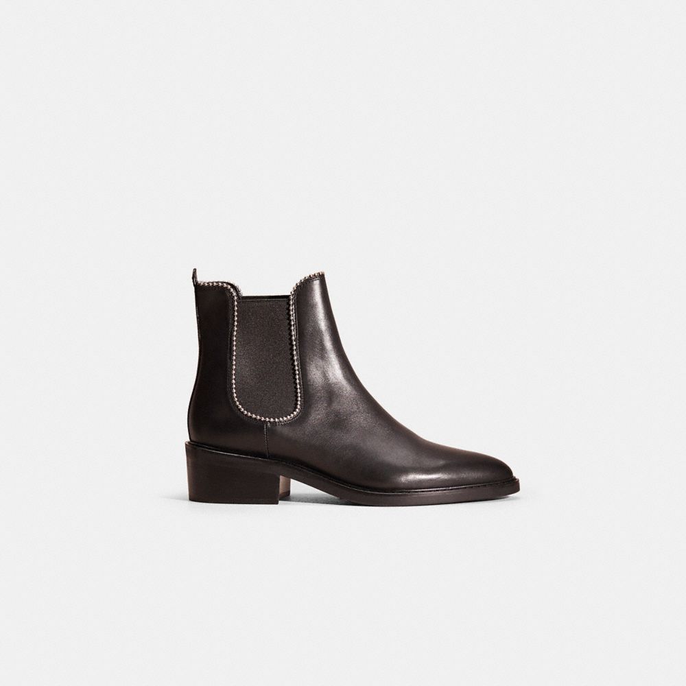 COACH®,Restored Bowery Bootie,Leather,Rubber,Chelsea Boots,Bead Embellishment,Pull Tab,Silver Metal,Casual,Black,Front View