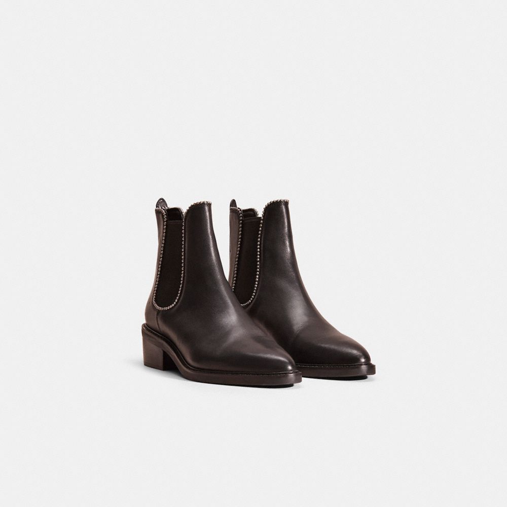 COACH®,Restored Bowery Bootie,Leather,Rubber,Chelsea Boots,Bead Embellishment,Pull Tab,Silver Metal,Casual,Black,Angle View