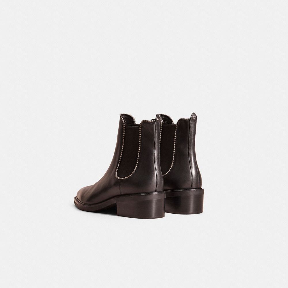 COACH®,Restored Bowery Bootie,Leather,Rubber,Chelsea Boots,Bead Embellishment,Pull Tab,Silver Metal,Casual,Black,Back View