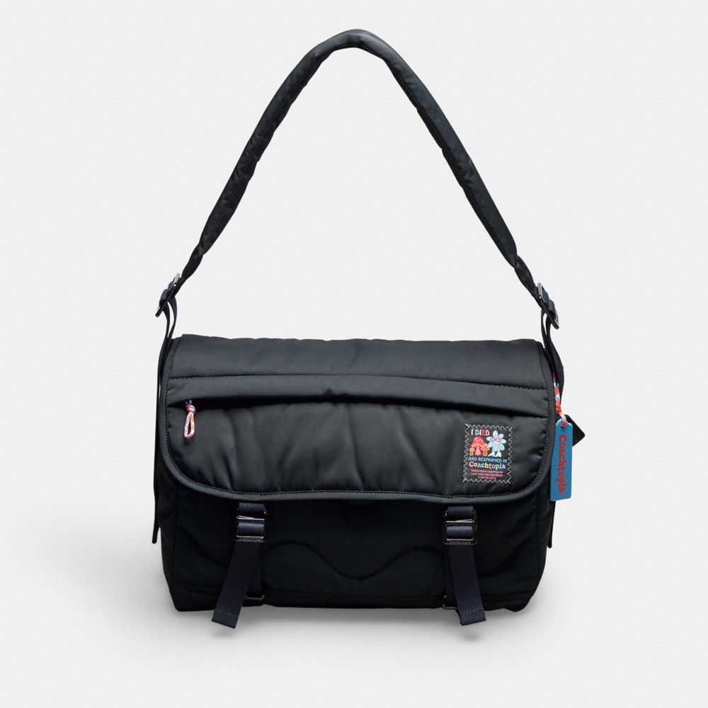 COACH®,Coachtopia Loop Messenger Bag,Recycled Polyester,Shoulder Bag,Plastic,Tag Embellishment,Sustainable,Work,Casual,Travel,Black,Front View