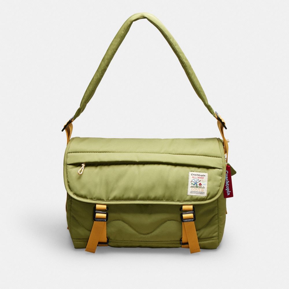 COACH®,Coachtopia Loop Messenger Bag,Recycled Polyester,Shoulder Bag,Plastic,Tag Embellishment,Sustainable,Work,Casual,Travel,Olive,Front View
