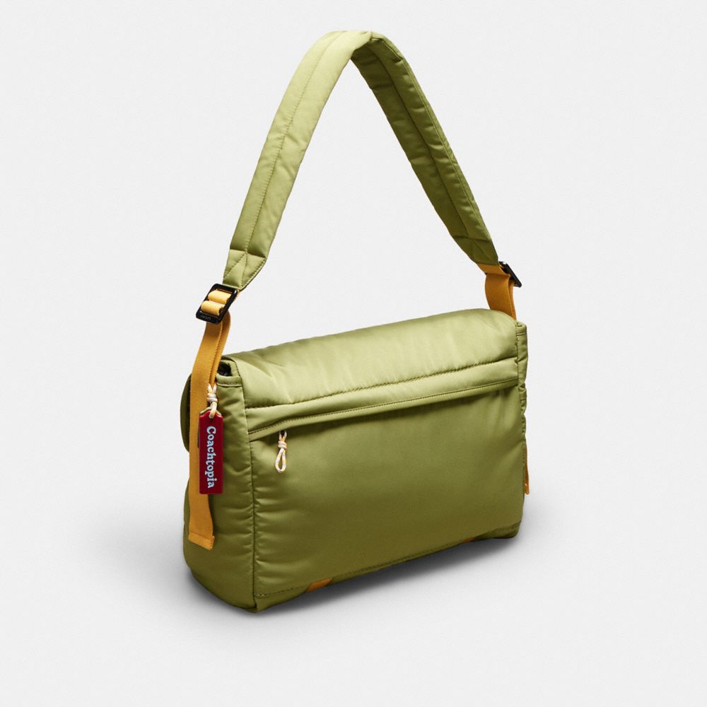 COACH®,Coachtopia Loop Messenger Bag,Recycled Polyester,Shoulder Bag,Plastic,Tag Embellishment,Sustainable,Work,Casual,Travel,Olive,Angle View
