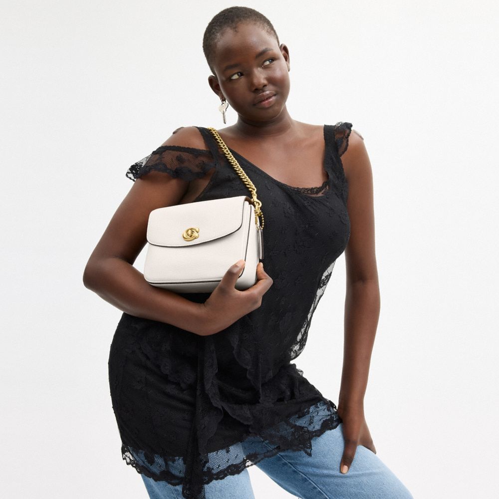 COACH®,Cassie Crossbody Bag 19,Leather,Crossbody,Metal,Logo,Compact,Gold Metal,Casual,Cream,Detail View