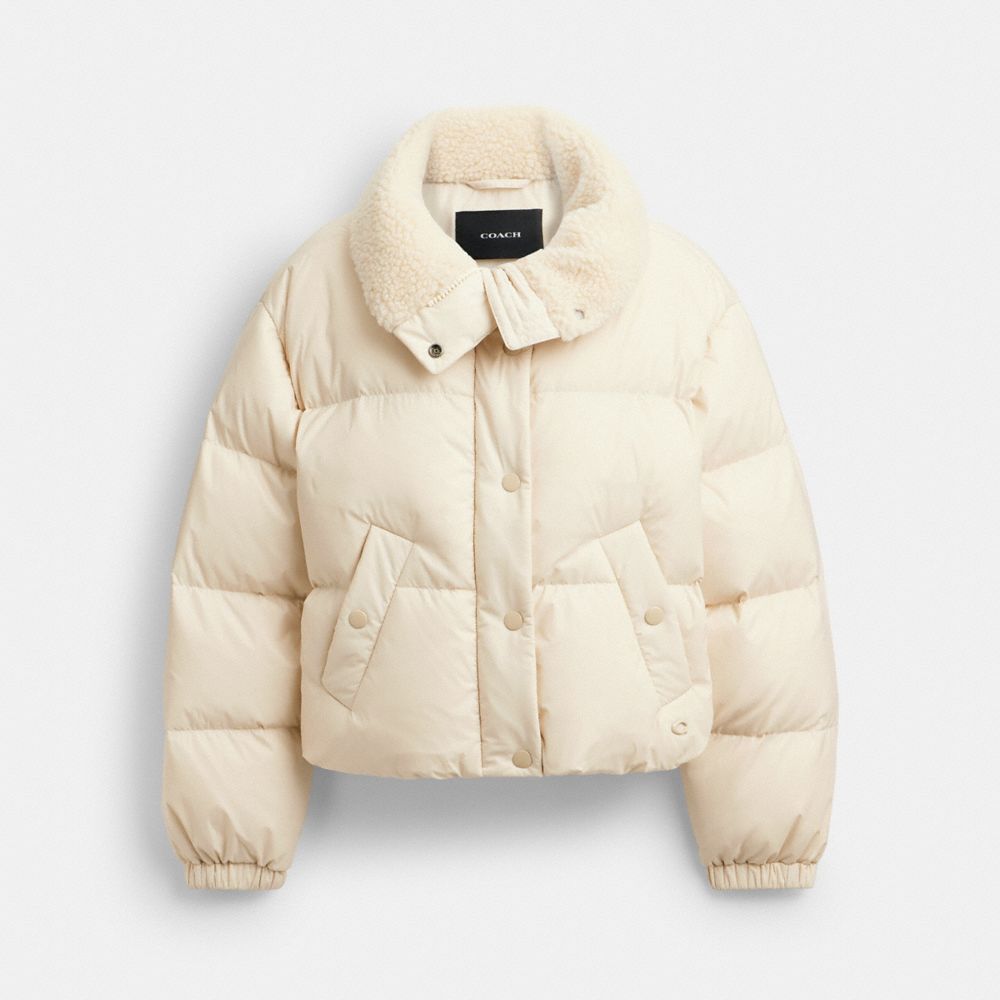 COACH®,Cropped Puffer In Recycled Polyamide With Sherpa Collar,Sherpa,Down,Quilted,Puffer,Sustainable,Adjustable Interior ...,Cream,Front View