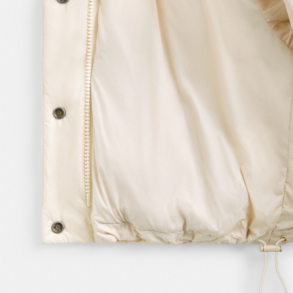 COACH®,Cropped Puffer In Recycled Polyamide With Sherpa Collar,Sherpa,Down,Quilted,Puffer,Sustainable,Adjustable Interior ...,Cream,Inside View,Top View
