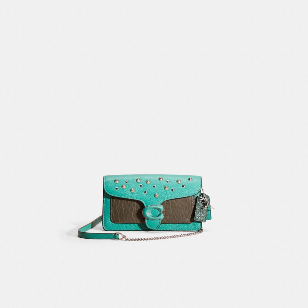 COACH®,Upcrafted Tabby Chain Clutch,Leather,Clutch,Color Block,Chain Detail,Animal Skin Embossing,Logo,Metal,Gusset,Silver...,Teal,Front View