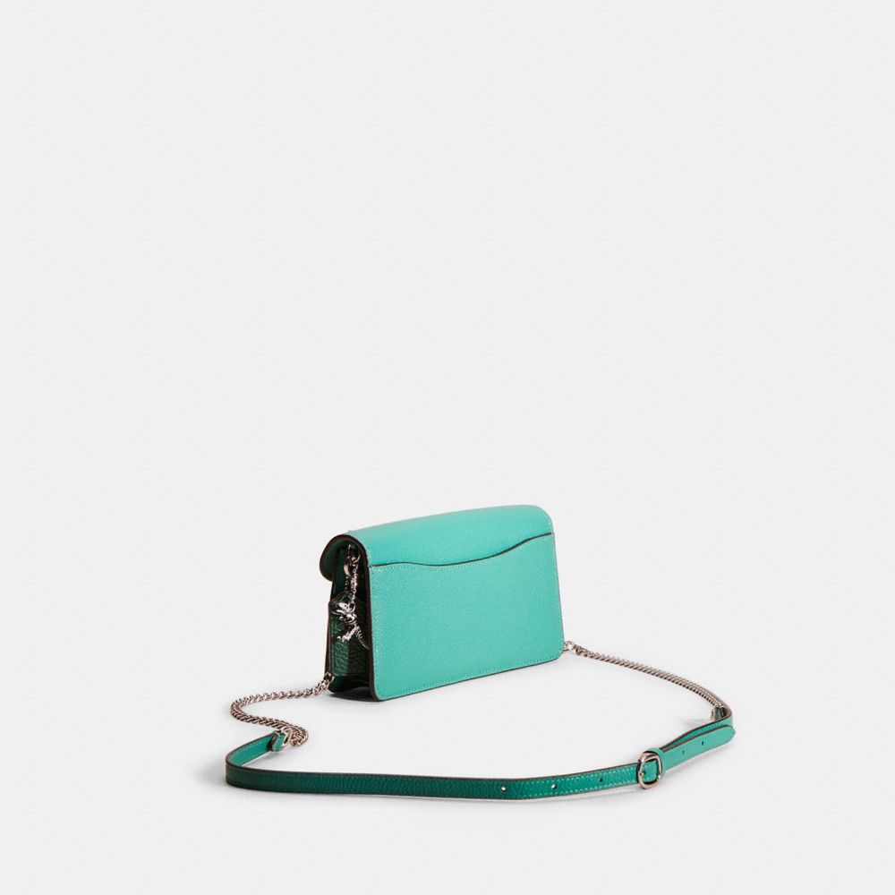 COACH®,Upcrafted Tabby Chain Clutch,Leather,Clutch,Color Block,Chain Detail,Animal Skin Embossing,Logo,Metal,Gusset,Silver...,Teal,Angle View