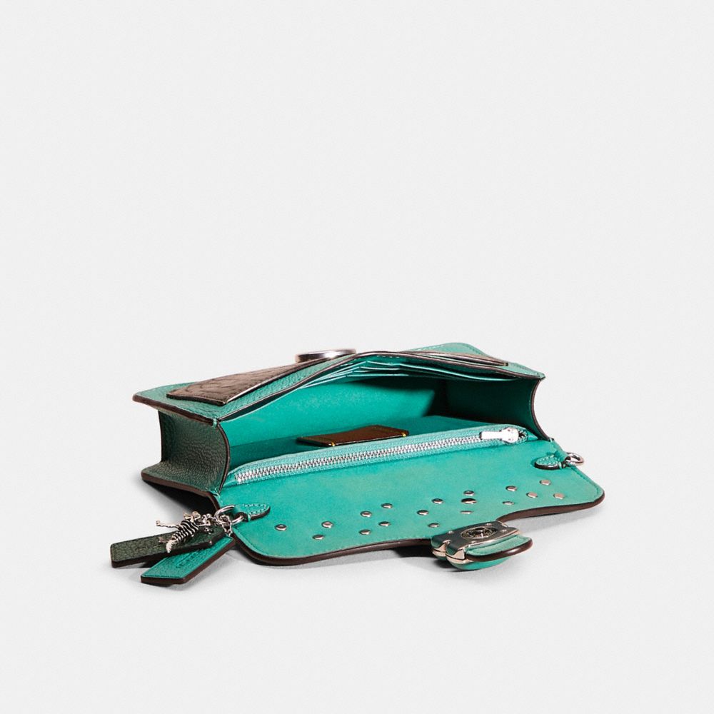 COACH®,Upcrafted Tabby Chain Clutch,Leather,Clutch,Color Block,Chain Detail,Animal Skin Embossing,Logo,Metal,Gusset,Silver...,Teal,Inside View,Top View